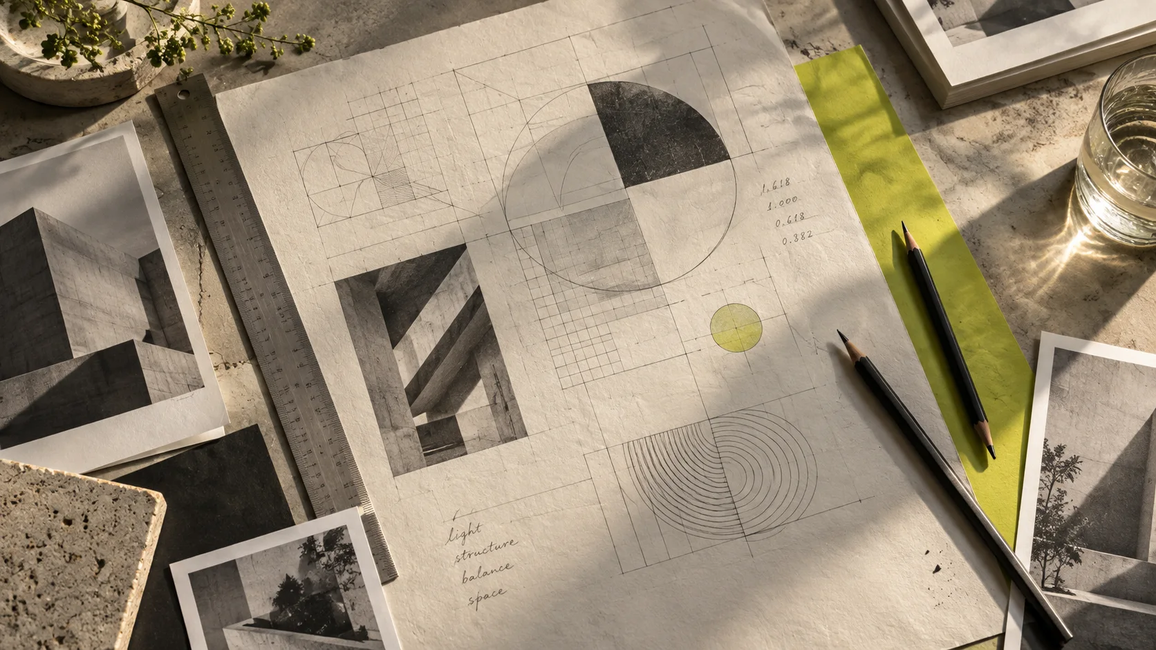 Worktable with layout studies, paper and a computer in natural light.